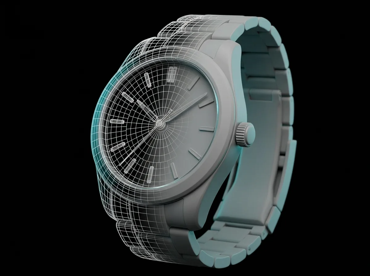 Clay and wireframe 3D render of a watch